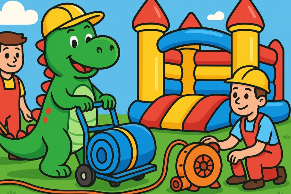 Dinojump mascotte Dinosaurus zet springkasteel op
